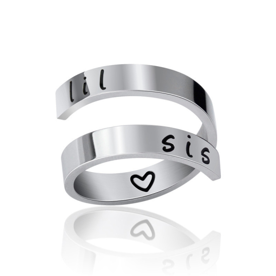 Picture of Titanium Steel Open Adjustable Rings Silver Tone Heart " Lil Sis " Multilayer 18.9mm(US Size 9), 1 Piece