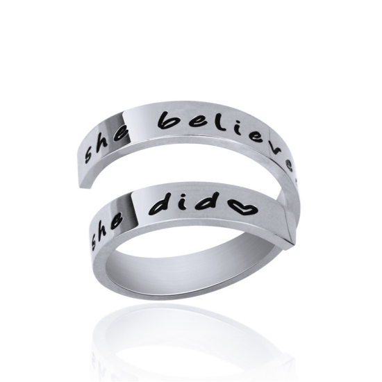 Picture of Titanium Steel Open Adjustable Rings Silver Tone Heart " She believed she could So she did " Multilayer 18.9mm(US Size 9), 1 Piece