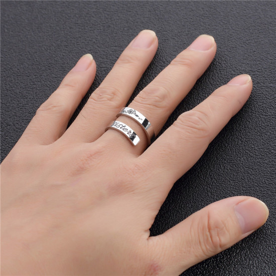 Picture of Titanium Steel Open Adjustable Rings Silver Tone Flower " Sister " Multilayer 18.9mm(US Size 9), 1 Piece