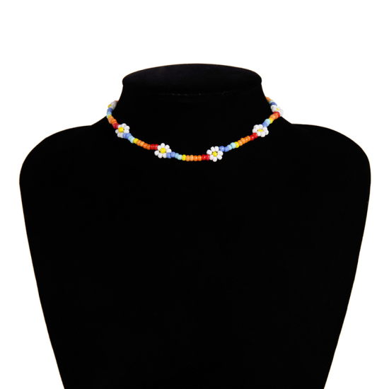 Picture of Boho Chic Bohemia Beaded Necklace Multicolor Daisy Flower 29cm(11 3/8") long, 1 Piece