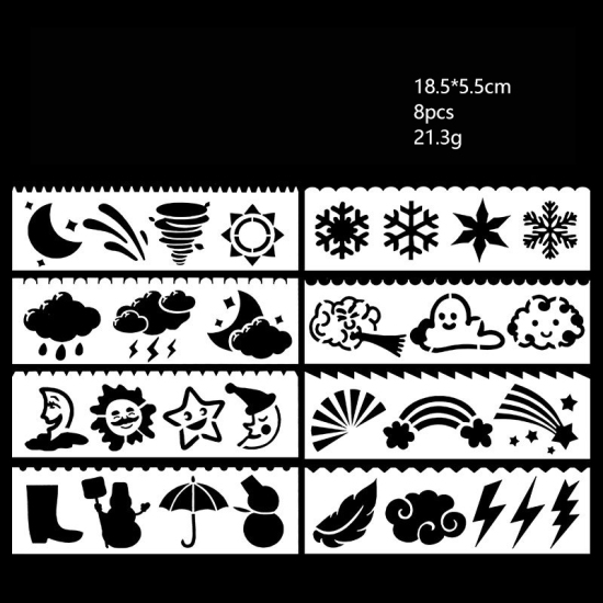 Picture of PET Drawing Template Stencil Ruler Painting Sun Moon Pattern White 18.5cm x 5.5cm, 1 Set ( 8 PCs/Set)