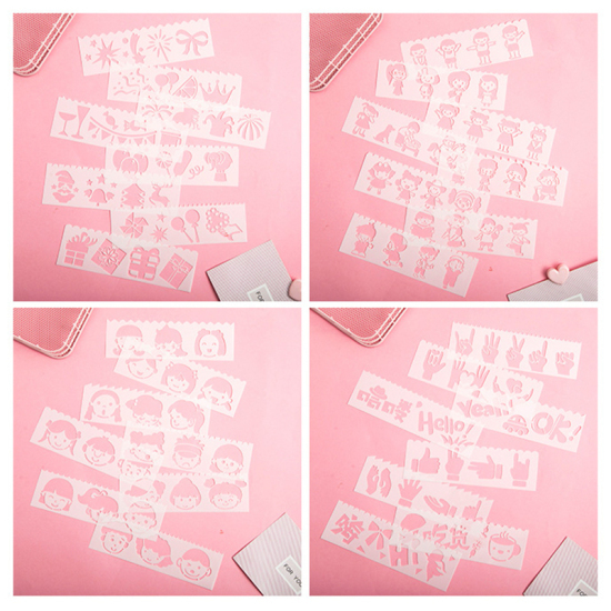 Picture of PET Drawing Template Stencil Ruler Painting Rectangle Emoticons Pattern White 18.5cm x 5.5cm, 1 Set ( 8 PCs/Set)