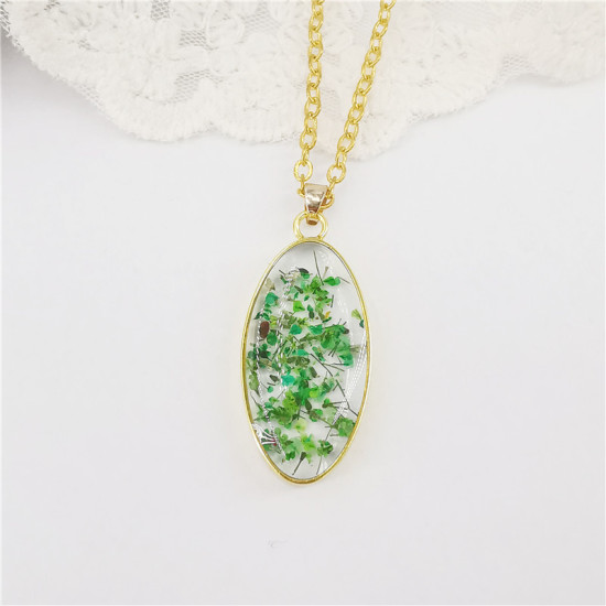 Picture of Handmade Resin Jewelry Real Flower Necklace Gold Plated Green Oval 45cm(17 6/8") long, 1 Piece