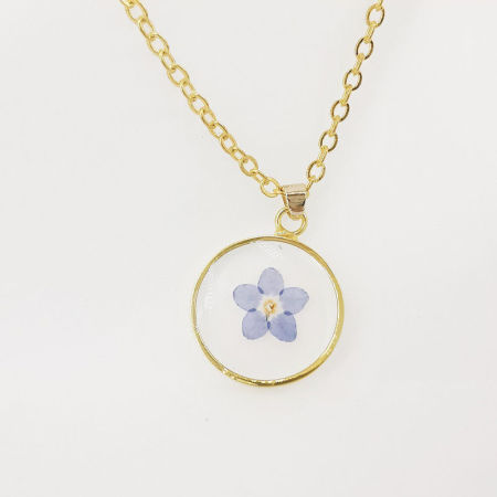 Bild von Handgemachte Harz Schmuck Echte Blume Halskette Vergoldet Hellblau Rund 45cm lang, 1 Strang