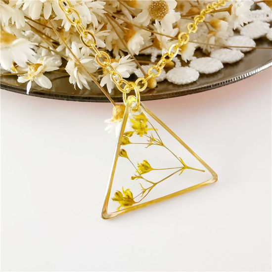 Picture of Handmade Resin Jewelry Real Flower Necklace Gold Plated Yellow Triangle 45cm(17 6/8") long, 1 Piece