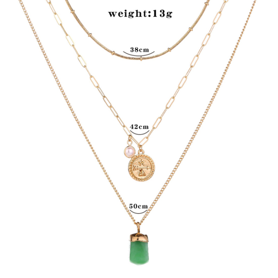 Picture of Multilayer Layered Necklace Gold Plated Green Round Arrow Imitation Pearl 38cm(15") long, 1 Piece