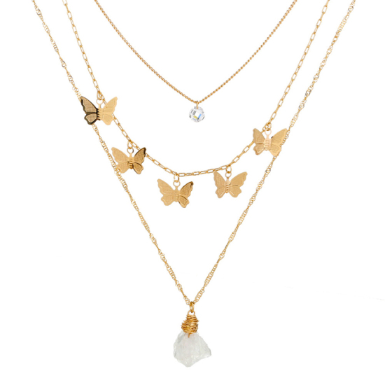 Bild von Mehrschichtige Halskette Vergoldet Weiß Quast Schmetterling 38cm lang, 1 Strang