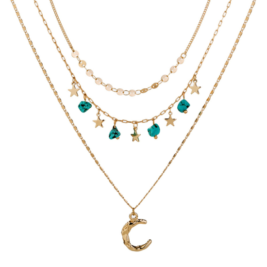 Picture of Turquoise Multilayer Layered Necklace Gold Plated Green Half Moon Star 38cm(15") long, 1 Piece