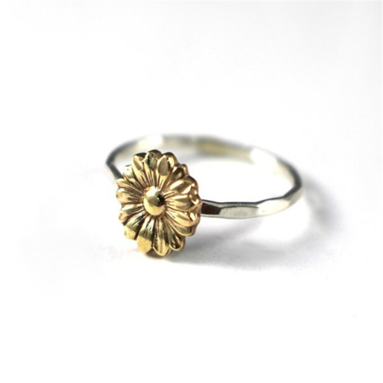 Bild von Messing Uneinstellbar Ring Antik Golden Sonnenblume 18.9mm（US Größe:9), 1 Stück                                                                                                                                                                               