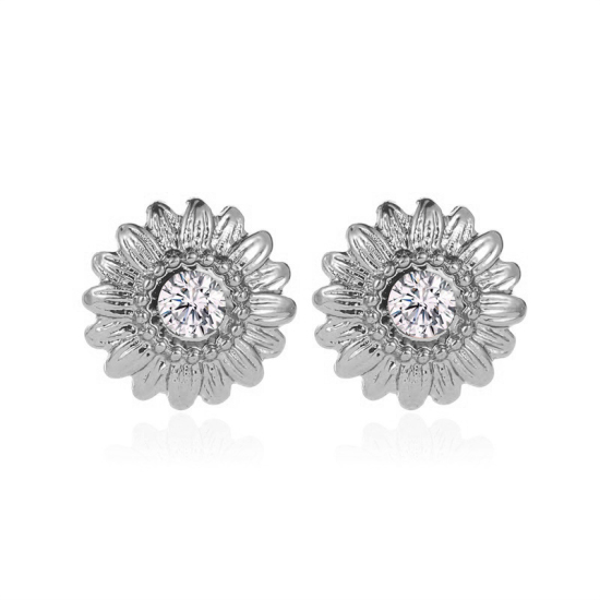 Picture of Ear Post Stud Earrings Silver Tone Sunflower Clear Rhinestone 13mm x 13mm, 1 Pair