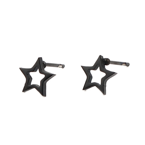 Picture of Stainless Steel Ear Post Stud Earrings Black Pentagram Star 8mm x 6mm, 1 Pair