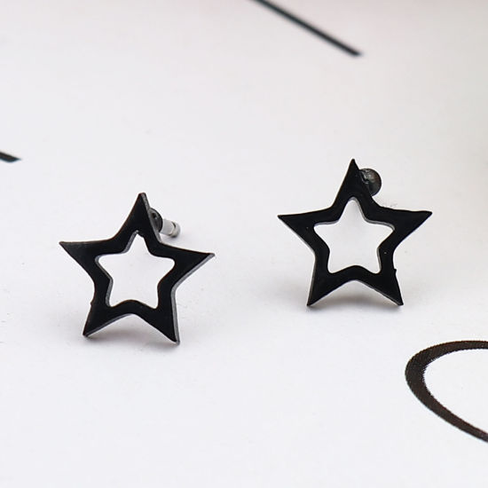 Picture of Stainless Steel Ear Post Stud Earrings Black Pentagram Star 8mm x 6mm, 1 Pair