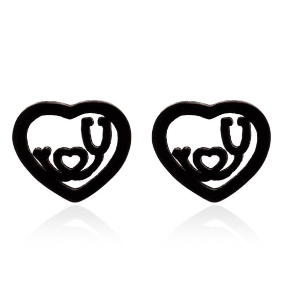 Picture of Stainless Steel Ear Post Stud Earrings Black Heart 8mm x 6mm, 1 Pair