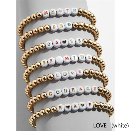 Picture of Zinc Based Alloy & CCB Plastic(Lead & Nickel Safe) Dainty Bracelets Delicate Bracelets Beaded Bracelet Gold Plated White Message " LOVE " 1 Piece