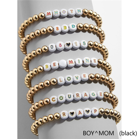 亜鉛合金+CCB プラスチック ビーズブレスレット 金メッキ 白 文字 " BOY & MOM " 1 本 の画像