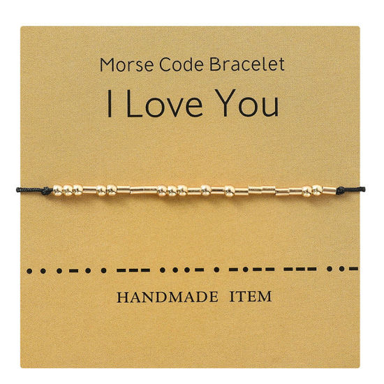Image de Bracelets Tressés Code Morse en Cuivre Doré Noir Mots" I Love you " 1 Pièce
