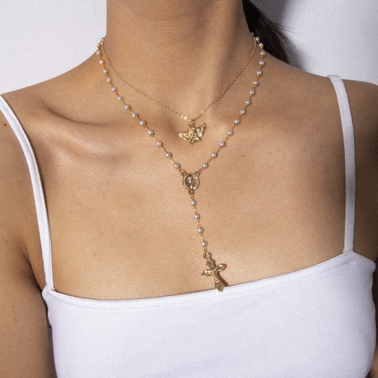 Picture of Religious Multilayer Layered Necklace Gold Plated Angel Cross Imitation Pearl 35cm(13 6/8") long, 1 Piece