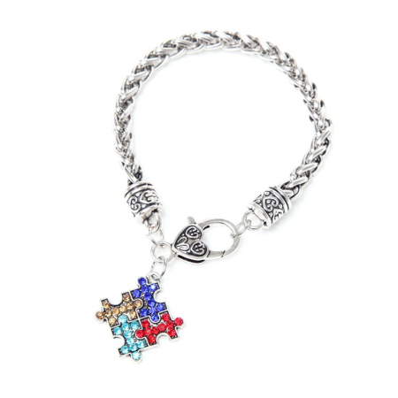 Picture of Children Kids Bracelets Silver Tone Geometric Autism Awareness Jigsaw Puzzle Piece Enamel Multicolor Rhinestone 20cm(7 7/8") long, 1 Piece