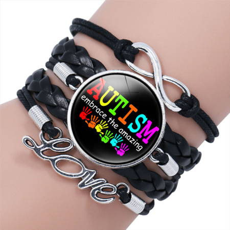Image de Bracelets Tressés Enfants en Cuir Artificiel Argent Mat Noir Main Pièce de Puzzle de Sensibilisation à l'Autisme Mots" LOVE " Réglable 16cm Long, 1 Pièce
