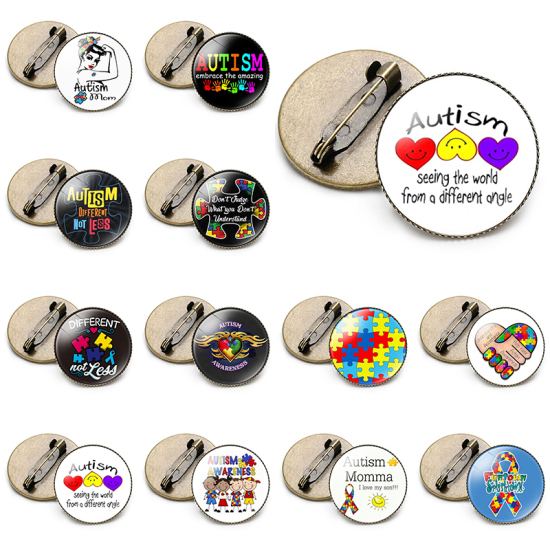 Picture of Pin Brooches Ribbon Autism Awareness Jigsaw Puzzle Piece Multicolor 25mm Dia., 1 Piece