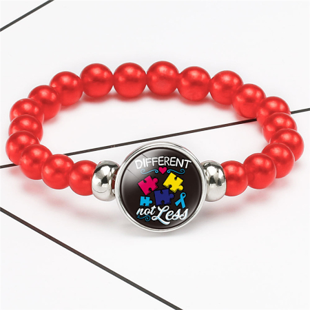 Picture of Glass & Acrylic Children Kids Dainty Bracelets Delicate Bracelets Beaded Bracelet Silver Tone Black Hand Autism Awareness Jigsaw Puzzle Piece Elastic 18cm(7 1/8") long, 1 Piece