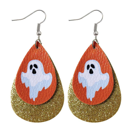 Picture of PU Leather Earrings Orange Drop Halloween Ghost Glitter 78mm x 38mm, 1 Pair