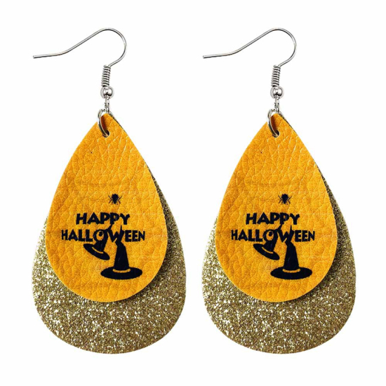 Picture of PU Leather Earrings Yellow Drop Hat Message " Happy Halloween " Glitter 78mm x 38mm, 1 Pair