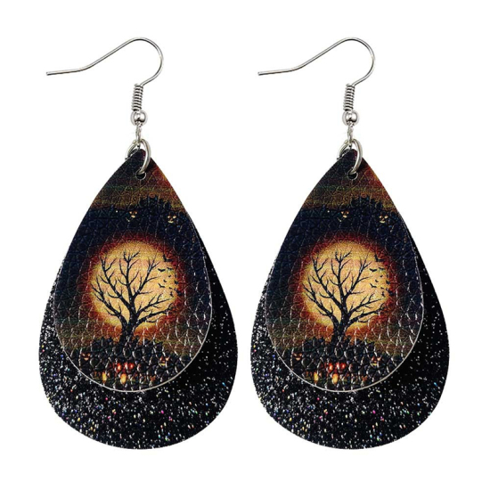 Picture of PU Leather Halloween Earrings Multicolor Drop Tree Glitter 78mm x 38mm, 1 Pair