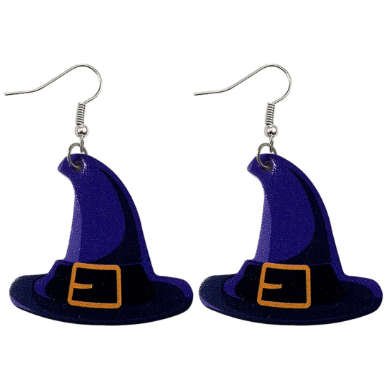 Picture of PU Leather Earrings Purple Hat Halloween Witch 66mm x 46mm, 1 Pair