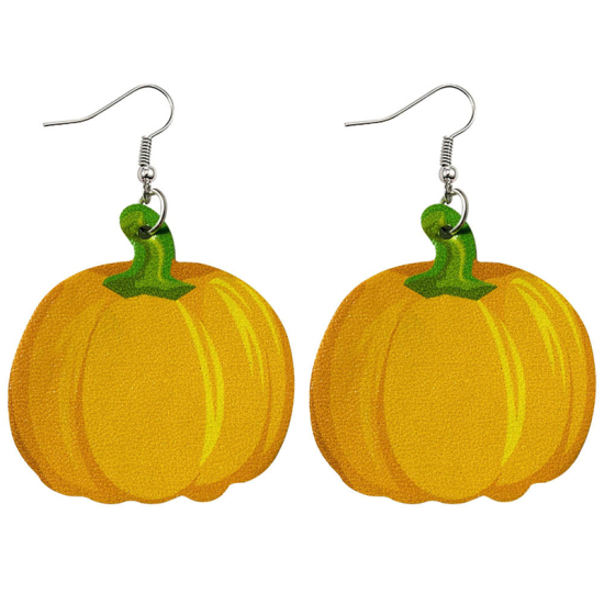 Picture of PU Leather Halloween Earrings Yellow Pumpkin 69mm x 45mm, 1 Pair
