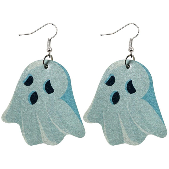 Picture of PU Leather Earrings Light Blue Halloween Ghost 69mm x 45mm, 1 Pair