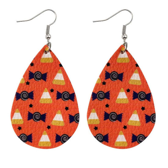 Picture of PU Leather Halloween Earrings Orange Candy Drop 78mm x 38mm, 1 Pair