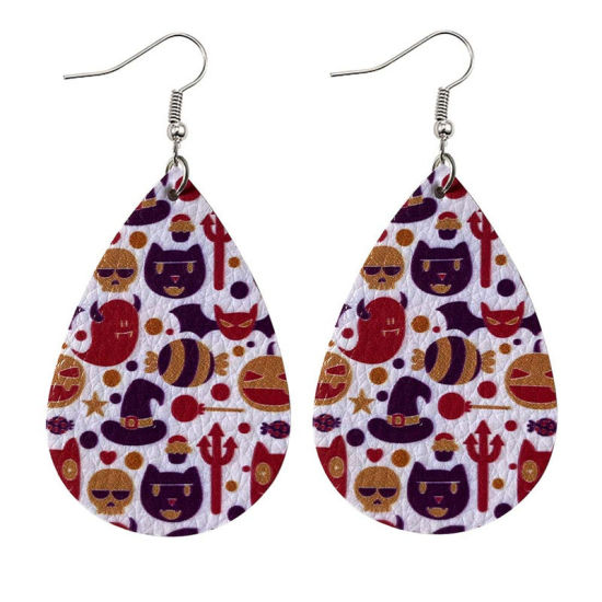 Picture of PU Leather Earrings Multicolor Drop Halloween Pumpkin 78mm x 38mm, 1 Pair