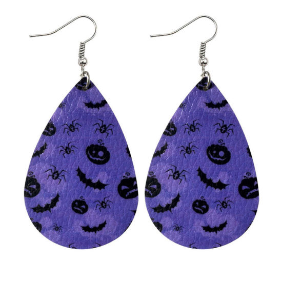 Picture of PU Leather Earrings Black & Purple Drop Halloween Pumpkin 78mm x 38mm, 1 Pair