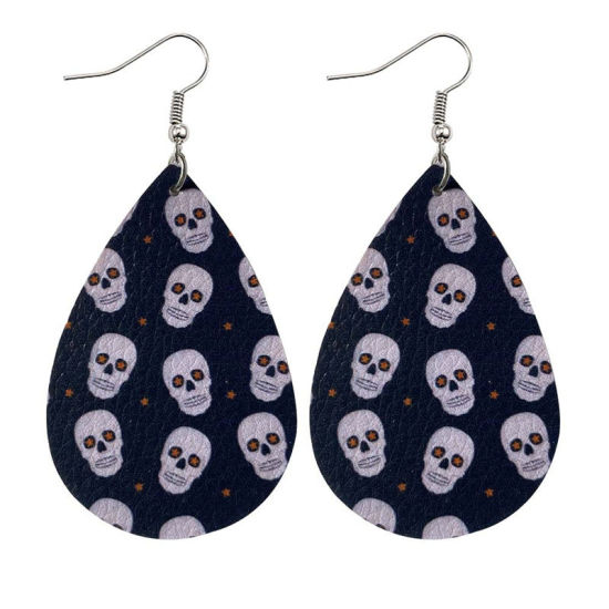 Picture of PU Leather Halloween Earrings Black & White Drop Skull 78mm x 38mm, 1 Pair