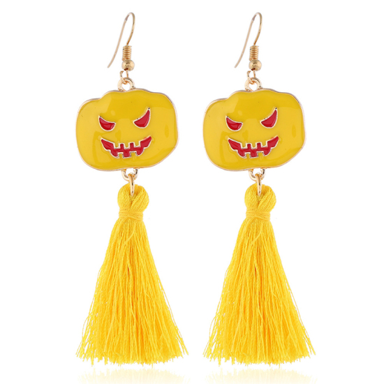 Picture of Earrings Yellow Tassel Halloween Pumpkin 85mm, 1 Pair