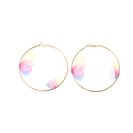 Picture of Hoop Earrings Gold Plated Multicolor Circle Ring Butterfly 75mm x 70mm, 1 Pair