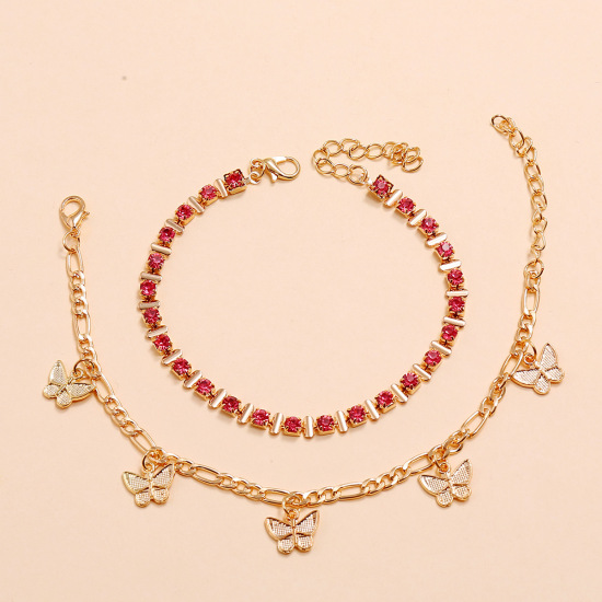 Picture of Copper Boho Chic Bohemia Anklet Set Gold Plated Butterfly Animal Pink Rhinestone 19cm(7 4/8") long, 1 Set ( 2 PCs/Set)