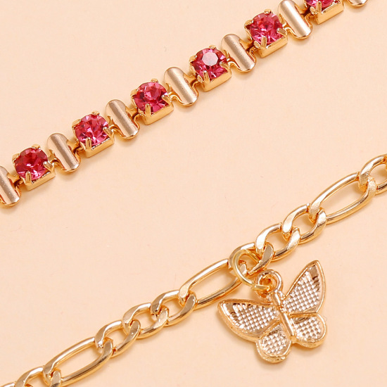 Picture of Copper Boho Chic Bohemia Anklet Set Gold Plated Butterfly Animal Pink Rhinestone 19cm(7 4/8") long, 1 Set ( 2 PCs/Set)