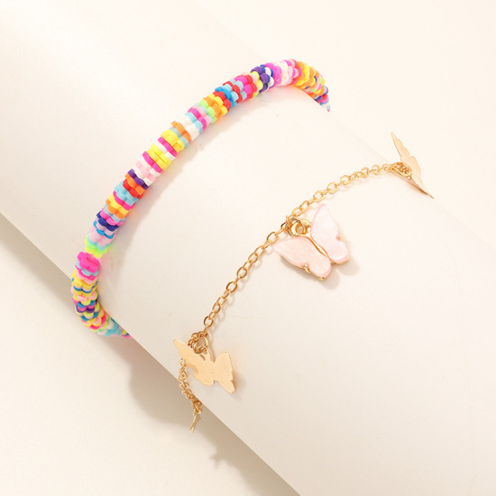 Picture of Polymer Clay Boho Chic Bohemia Beaded Anklet Gold Plated Multicolor Butterfly Animal 21.5cm(8 4/8") long 20cm(7 7/8") long, 1 Set ( 2 PCs/Set)