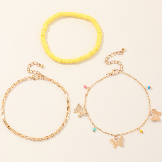 Picture of Polymer Clay Boho Chic Bohemia Beaded Anklet Gold Plated Yellow Butterfly Animal 21.7cm(8 4/8") long - 19.6cm(7 6/8") long, 1 Set ( 3 PCs/Set)