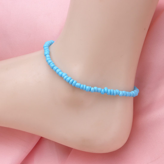 Picture of Acrylic Boho Chic Bohemia Beaded Anklet Blue Round 21.5cm(8 4/8") long, 1 Piece