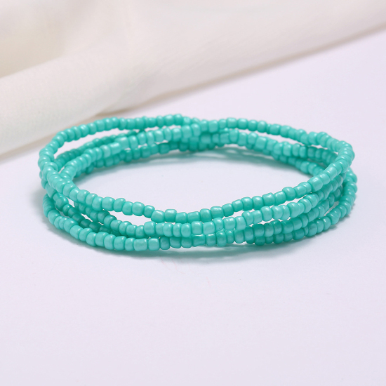 Изображение Богемный стиль Многослойное ожерелье из бисера на талии и цепочке для живота Круглые Сине-зеленые 85см длина, 1 ШТ