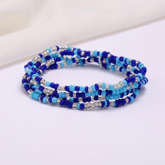 Изображение Богемный стиль Многослойное ожерелье из бисера на талии и цепочке для живота Круглые Синий 85см длина, 1 ШТ
