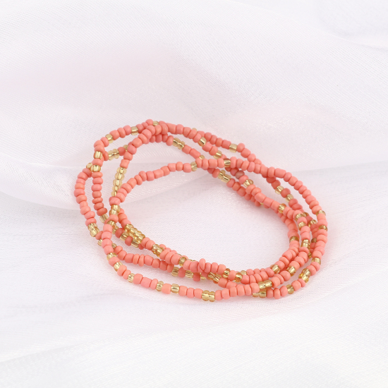 Изображение Богемный стиль Многослойное ожерелье из бисера на талии и цепочке для живота Круглые Оранжевый 85см длина, 1 ШТ