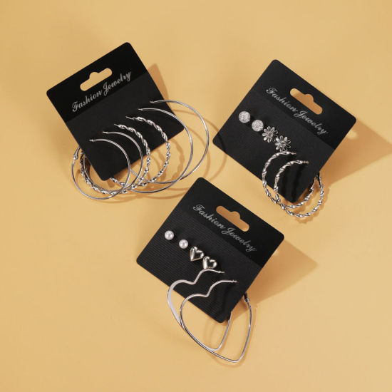 Image de Hoop Earrings Silver Tone White Heart Round Imitation Pearl 1 Set ( 3 Pairs/Set)