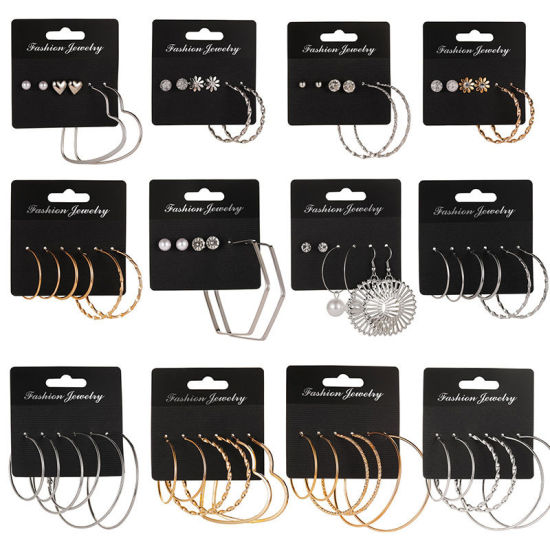 Image de Hoop Earrings Silver Tone Circle Ring Flower Clear Rhinestone 1 Set ( 3 Pairs/Set)