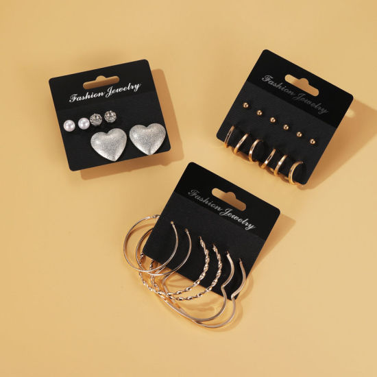 Image de Ear Post Stud Earrings Silver Tone Heart Round Clear Rhinestone Imitation Pearl 1 Set ( 3 Pairs/Set)