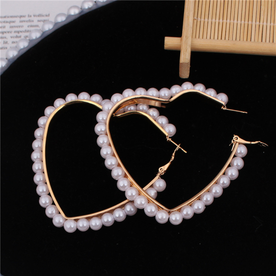 Picture of Hoop Earrings Gold Plated White Imitation Pearl Heart 1 Pair