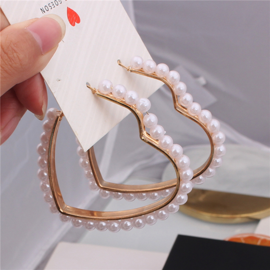 Picture of Hoop Earrings Gold Plated White Imitation Pearl Heart 1 Pair